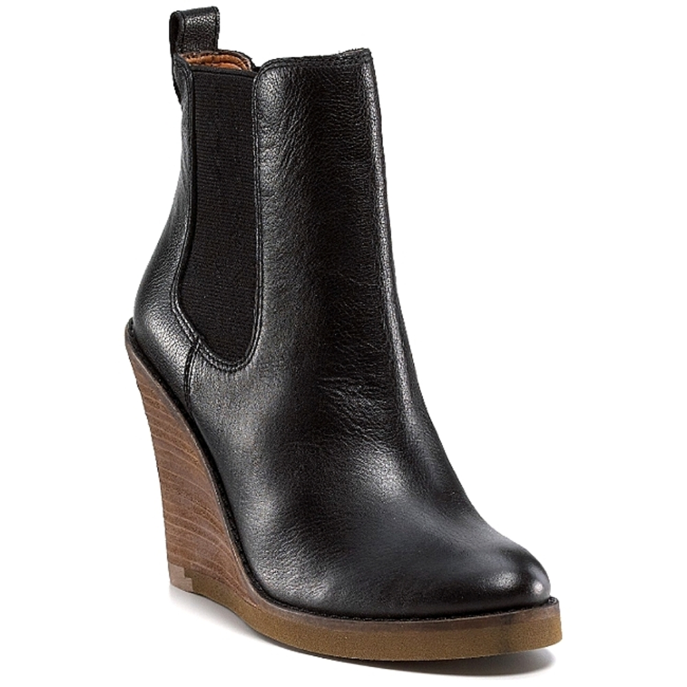 New Lucky Brand Black Leather Fedora Wedge Bootie Size 7
